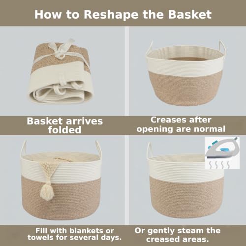 XUANGUO 66L Large Blanket Basket, Round Cotton Rope Basket, White & Brown - color: white and brown