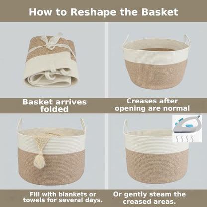XUANGUO 66L Large Blanket Basket, Round Cotton Rope Basket, White & Brown - color: white and brown