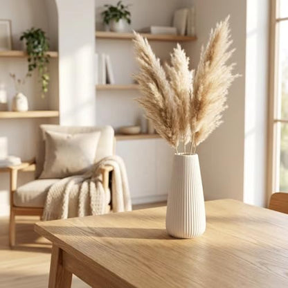 White Ceramic Vase, 8 Inch Modern Ribbed Design, Flower Vase for Home Decor, Cute Vase for Living Room, Dining Table, Office, Bedroom, Kitchen Shelf