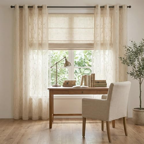jinchan Beige Leaf Voile Embroidered Curtains 96 Inch Grommet Top 2 Panels - color: Vine Grommet Beige, size: 55"W x 96"L (Pack of 2)