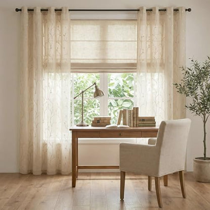jinchan Beige Leaf Voile Embroidered Curtains 96 Inch Grommet Top 2 Panels - color: Vine Grommet Beige, size: 55"W x 96"L (Pack of 2)