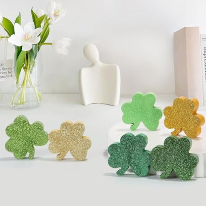 St Patricks Day Shamrocks Decorations, 6 Pack Wooden Glitter Shamrocks