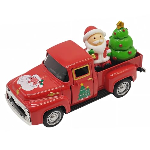 Vintage Red Christmas Truck Decor – 4.9″Retro Die-Cast Metal Pickup with Santa and Xmas Tree Figurines for Christmas Town Village Accessories Set Display Home indoor Decorations Gift(Xmas-Red) - color: Xmas-red