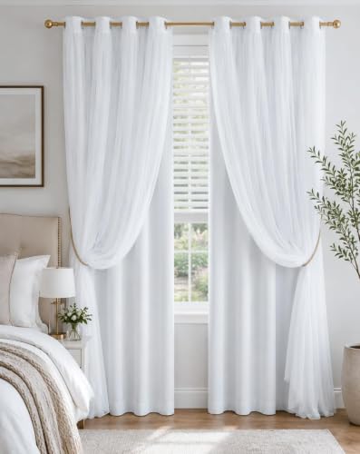 PONY DANCE Double Layer Blackout Curtains with White Sheer 63 Inches Long - color: Winter White, size: 52"W x 63"L (Pack of 2)