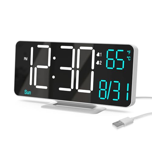 KOSUMOSU Digital Alarm Clocks 6.7in Small Digital Clock for Bedroom,Auto Dimming,Dual Alarm, Date, Seconds, Day of Week, Indoor Temperature,Desk Clock for Classroom,LED Clocks for Living Room - color: White (White + Blue Digits)