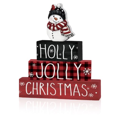 Smile 4 Pcs Wooden Christmas Block Signs, Holly Jolly Snowman Decor - style: Holly Jolly