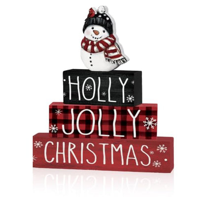 Smile 4 Pcs Wooden Christmas Block Signs, Holly Jolly Snowman Decor - style: Holly Jolly