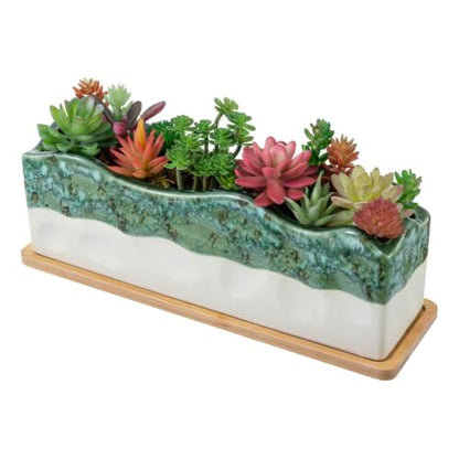 MyGift 13 Inch Rectangular Seafoam Green Glazed Ceramic Succulent Planter - size: 13 Inch