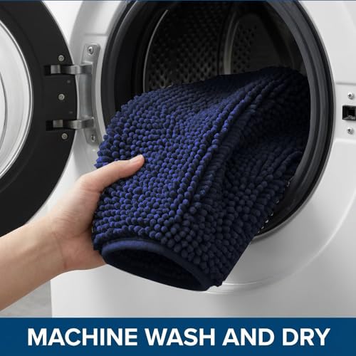 Bathroom Rugs Sets 2 Piece,Super Absorbent Chenille Bath Mats and U-Shaped Toilet Rug,Strong PVC Non Slip Backing,Microfiber Washable Dry Quickly Bath Mats for Bathroom(20"x32"+20"x20"U,Navy Blue) - color: Navy Blue