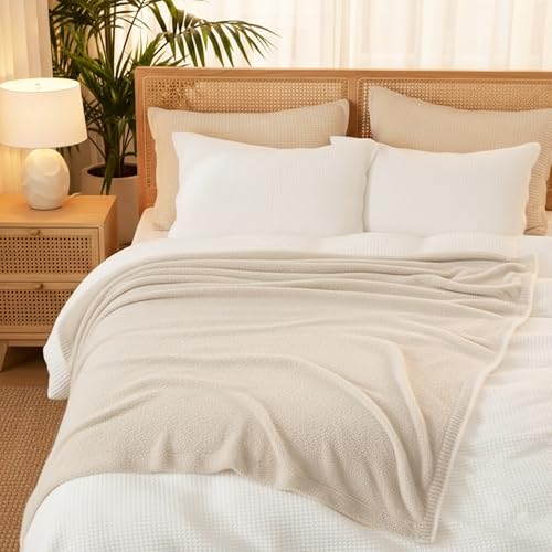 Contrast Trim Sand Stone & White Accent Tip Chic Throw Blanket Couch, Reversible Super Soft Knitted Blankets, Warm Knit Fuzzy Cozy Dreams Plush Lightweight Throws Dupes Sofa Bed 50" x 60"