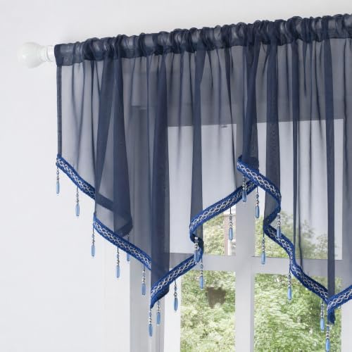 Molaxhome Swag Curtain Scalloped Curtain Valance Drape Sheer Lace Panel 1pc - color: Navy