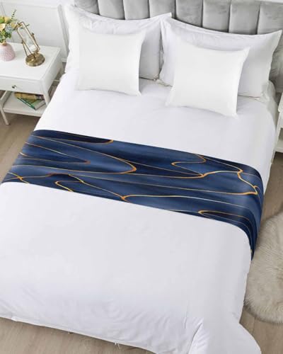 Navy Blue Gold Bed Runner Scarf Cal King Size,Boho Marble Abstract Geometric Striped Luxury Bed Throw Runners & Scarves for Twin Full Queen King Foot of Bed Bedroom Hotel Wedding Decoration,102"x20" - size: 102x20in,260x50cm