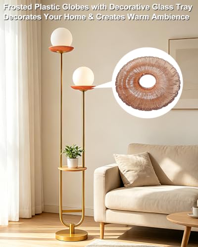 Lightdot 2-Globe Floor Lamp Dimmable with Red Glass Tray Gold Floor Lamp - color: Red-2U Gold