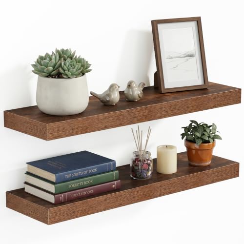1.5" Thick Floating Shelves for Wall, 24"x6.5" Wall Mounted Shelf, Wall Storage Shelf,No Sag,Easy Install Wood Grain Shelf for Bedroom, Kitchen, Living Room & Hallway,Rustic Brown,Pack of 2 - color: Rustic Brown, size: 24"x 6.5"-Pack of 2