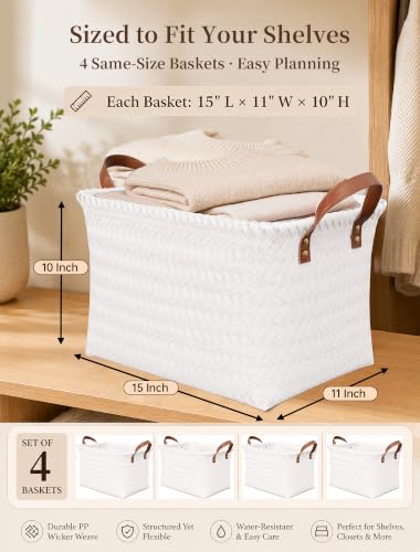 Wicker Storage Baskets, 4 Pack Woven Baskets for Shelves, White - color: Rectangle White