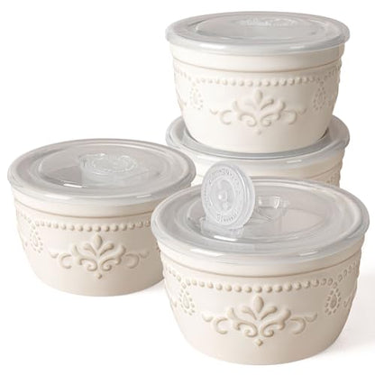 Artena Ramekins with Lids, Creme Brulee Ramekins Oven Safe, Ceramic Pudding Cups, Souffle Cups, Custard Cups, Dipping Sauce Cups, Food Storage Containers with Lids, Set of 4 (8 oz, Damask Floral) - size: 4 inch (Damask Floral, White)