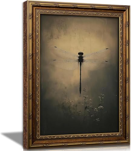 Vintage Gold Framed Wall Art Retro Dark Dragonfly Painting Canvas Prints Gothic Insect Picture Wall Decor Rustic Farmhouse Animal Poster Artwork for Living Room Bedroom Bathroom, 9x11in - color: Dragonfly, size: 11"L x 9"W