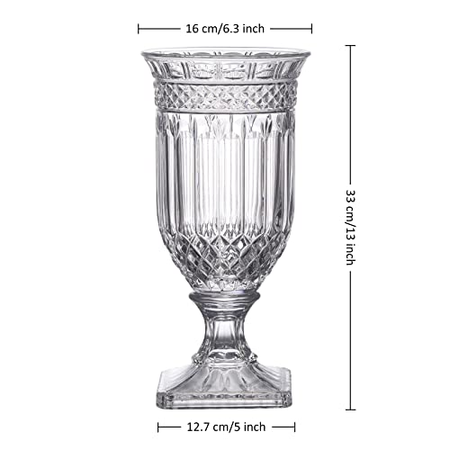 Joeyan 13" Glass Urn Vase,Tall Centerpiece with Ripple Diamond Pattern