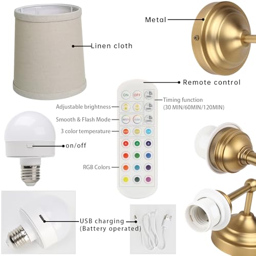 Battery Operated Sconces Wall Lighting Set of 2 with Fabric Shade