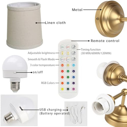 Battery Operated Sconces Wall Lighting Set of 2 with Fabric Shade