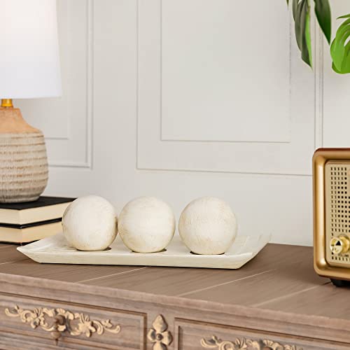 Creative Scents Rustic Luxe Decorative Tray and Orb Set - Centerpiece Table Decorations for Coffee Table Decor - Modern Farmhouse Decor - Decorative Accents Bowl with Balls for Dining Table Decor - color: Distressed White