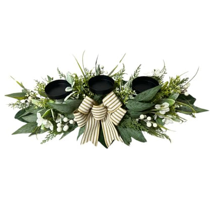 Svndlyn 26 Inch 3 Candle Holder Centerpiece with Greenery and Striped Bow