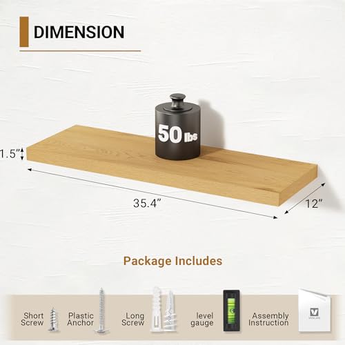 Vivelove 12 Inch Deep Floating Shelves, 36 X 12 Inch, Oak, Set of 2 - color: Oak, size: 35.4”wx12”dx1.5”h