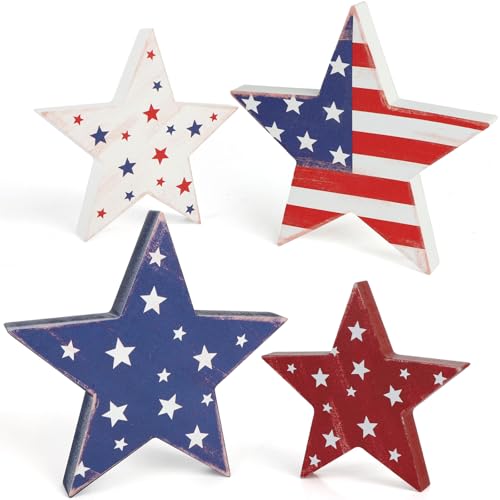 COCHIE 4th of July Decorations Wooden Star Set of 4, Labor Day Decor, Patriotic Memorial Day Tiered Tray Decor, Red White and Blue Veterans Day Decorations for Home Office Table Shelf (Retro) - color: Retro