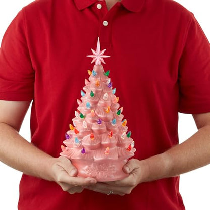 Casafield Hand Painted Ceramic Christmas Tree, Pink 15-Inch Pre-Lit Tree with 128 Multi Color Lights and 2 Star Toppers - color: Pink
