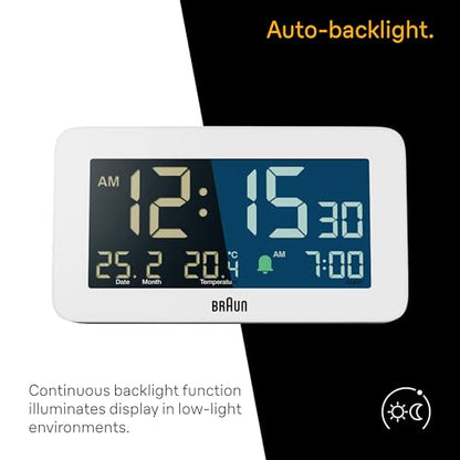 Braun Digital Alarm Clock with Date, Month and Temperature Displayed, Negative LCD Display, Quick Set, Crescendo Beep Alarm in White, Model BC10W. - color: White