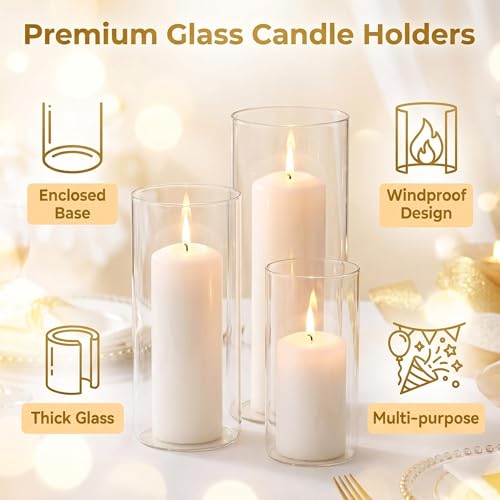 Hurricane Candle Holders, Clear Glass Cylinder Centerpieces Vases, Pillar Candle Sleeves for Wedding, Table Decoration Centerpiece Floral Room Home, Dining Room Decor 3 Pieces