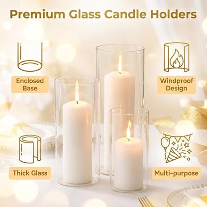 Hurricane Candle Holders, Clear Glass Cylinder Centerpieces Vases, Pillar Candle Sleeves for Wedding, Table Decoration Centerpiece Floral Room Home, Dining Room Decor 3 Pieces