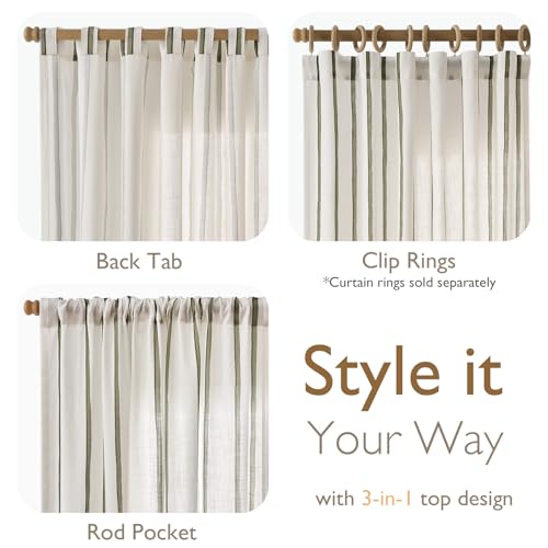 Vangao Striped Curtains Green on White Semi Sheer Curtains 63 Inches Long - color: Shadow Striped| Olive Green on Off White, size: 50"W x 63"L (Pack of 2)