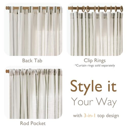 Vangao Striped Curtains Green on White Semi Sheer Curtains 63 Inches Long - color: Shadow Striped| Olive Green on Off White, size: 50"W x 63"L (Pack of 2)
