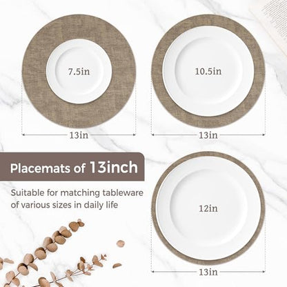 13" Round Placemats Set of 6, Reversible Faux Leather Wipeable Table Mats - color: Light Coffee