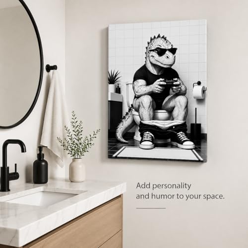 Canvas Wall Art Funny Dinosaur Framed Style Powder Room Accent 12x16 Inch - color: Funny Dinosaur, size: 16"L x 12"W