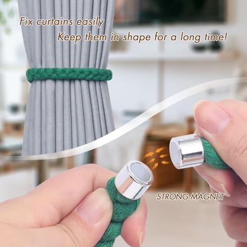 NICEEC 4 Pack Natural Cotton Rope Magnetic Curtain Tiebacks Elegant Twisted Braid Style Drape Tie Backs Soft Hand-Woven Rope Curtain Holdbacks for Home & Office Window Draperies (Green-01) - color: Green-01, size: 4 Pack