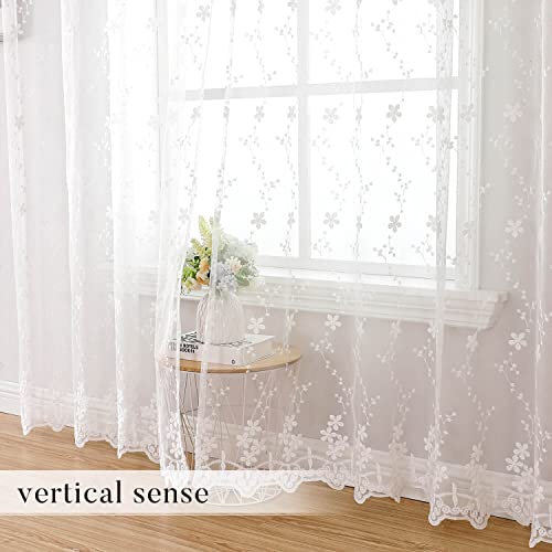 WUBODTI Luxury White Lace Sheer Curtains 96 Inches Long 2 Panels for Living Room, Elegant Vine Floral Embroidered Sheer Curtain Cute Grommet White Tulle Curtain Drapes for Bedroom, Girls Room Decor - size: 52"W x 96"L (Pack of 2)