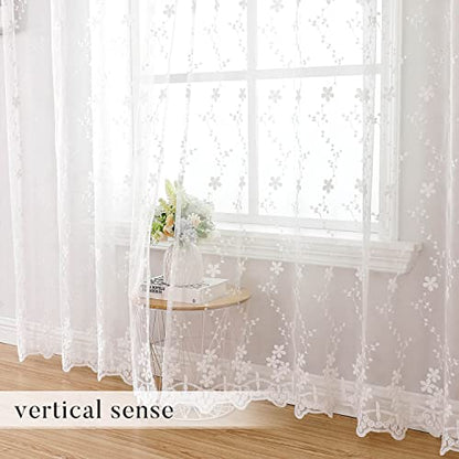 WUBODTI White Sheer Lace Curtains 72 Inches Long 2 Panels for Living Room, Luxury Vine Floral Embroidered Grommet Sheer Curtain White Elegant Tulle Curtain Drapes for Bedroom, Girls Room Decor - size: 52"W x 72"L (Pack of 2)