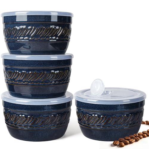 Artena Meal Prep Containers 22 OZ, 4 Pack Snack Containers, Reusable Food Storage Containers With Lids For Soup Yogurt Oatmeal Lunch Breakfast, Ceramic Cereal Bowls (Blue, Willow Leaf) - size: 5.15 inch (Willow Leaf, Blue)