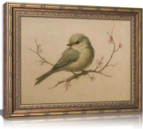 Vintage Gold Framed Wall Art Spring Bird Oil Painting Canvas Print Watercolor Cherry Blossom Picture Wall Decor Rustic Farmhouse Beige Floral Poster Artwork for Nursery Living Room Bedroom - color: Bird, size: 16"L x 12"W