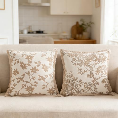 Maple Leaf Plant Pillow Cover for Couch Modern Style Pillow Covers Snow Neil Courtyard Home Pillow Cover 2-Pack Set for Living Room Sofa Bed, Flower Plant Style (Light Brown, 18 * 18 inch) - color: Leaf + Brach Light Brown