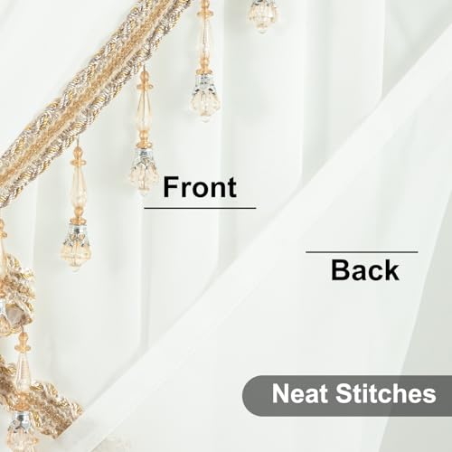 VOGOL Sheer White Waterfall Valance with Beaded Tassels, 138 x 43, 1 Panel - color: White-beaded, size: 138"W x 43"L (Pack of 1)