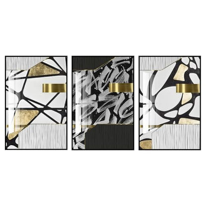 QKF 3Pcs Black White Gold Abstract Geometric Crystal Framed Canvas Wall Art - color: Black White Gold And Gray, size: 24" X 32" X 3 pieces