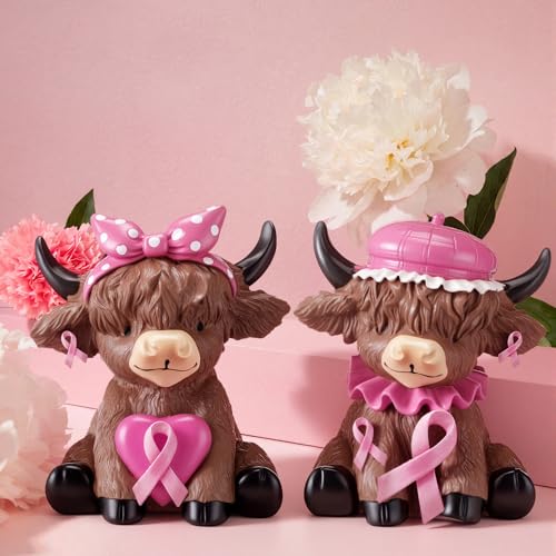 Karenhi 2 Pcs Breast Cancer Awareness Highland Cow Figurines, Pink Ribbon - style: Breast Cancer