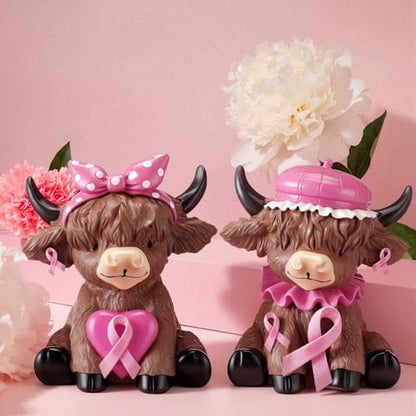 Karenhi 2 Pcs Breast Cancer Awareness Highland Cow Figurines, Pink Ribbon - style: Breast Cancer