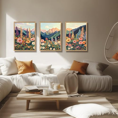 Hianan Wood Framed Boho Moutain Wildflower Wall Art Set of 3, 16x24 in - color: Colourful(Wood), size: 24"L x 16"W
