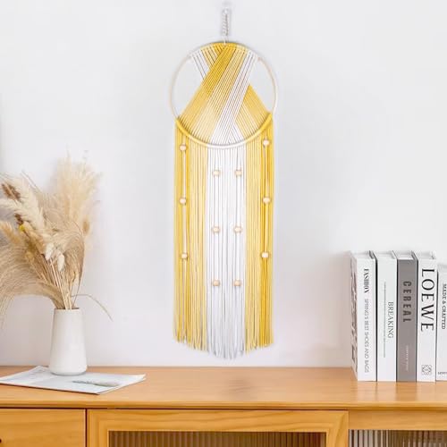 LB Boho Macrame Wall Hanging, Handmade Woven Cotton Wall Decor Tapestry - color: Yellow