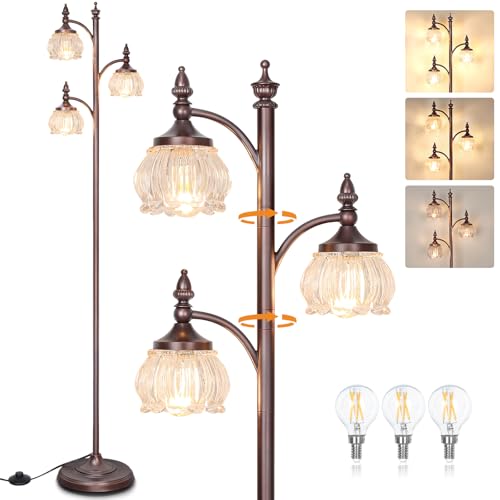 JUNNAI Brown Floor Lamps for Living Room Standing Lamp with 3 Brightness Lights Glass Shade 66.5in Flower Lamp for Bedroom Office Corner(3LED Bulbs Included) - color: Brown-2