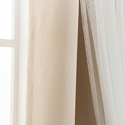 INLINAS Blackout Curtains with Sheer Overlay, Beige, 52x96 Inches - color: Beige, size: 52"W x 96"L (Pack of 2)